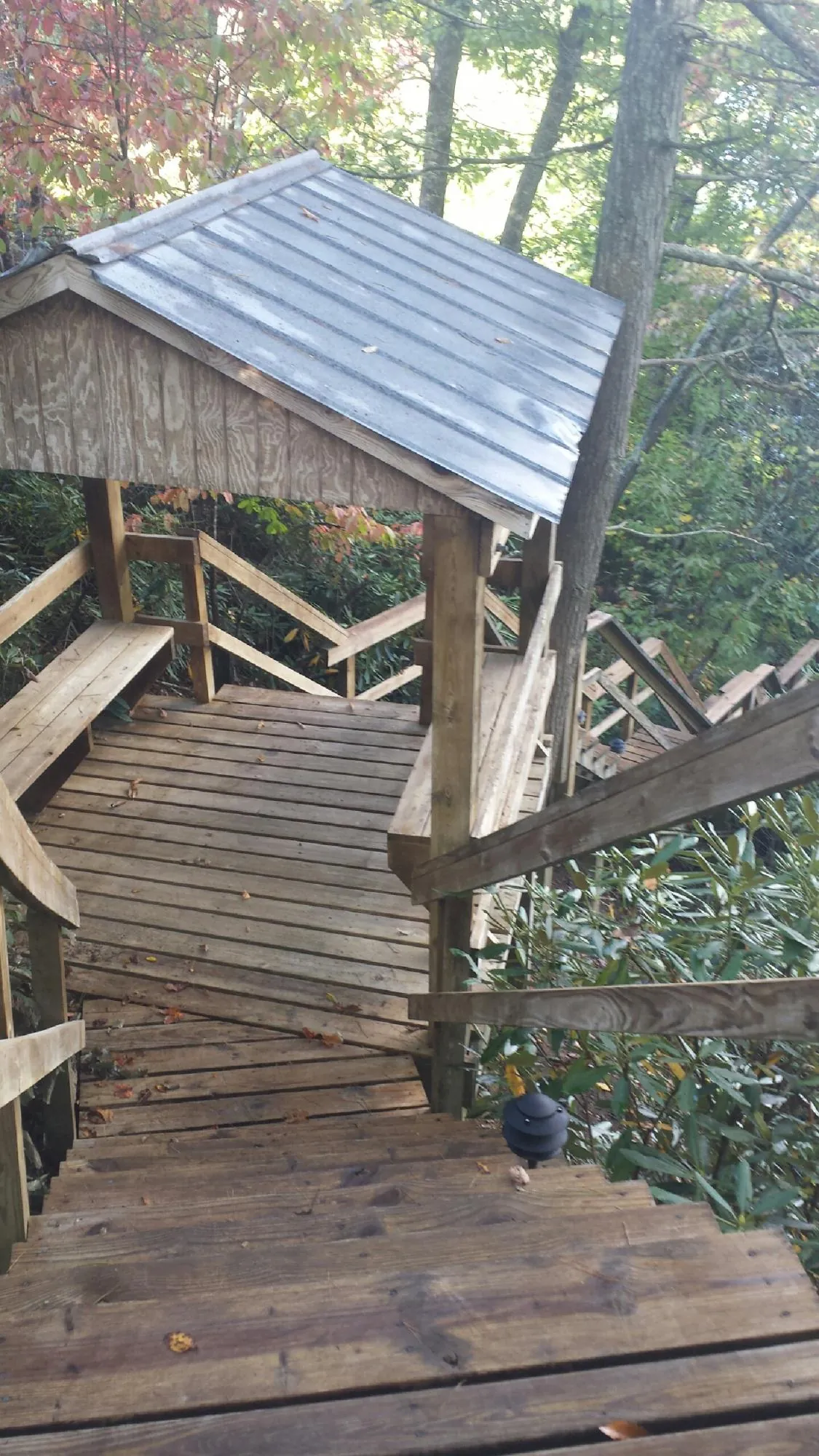 Metal roofed shelter over wooden steps on a wooded walkway — Skylight Repair & Installation work by our crew in Jasper